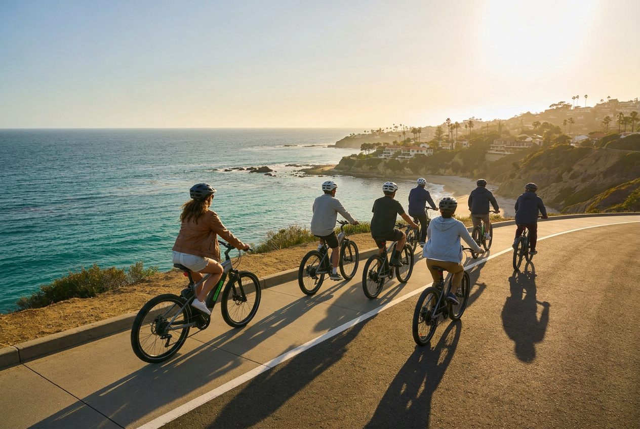 Team on e-bikes riding together above Laguna Beach coastline