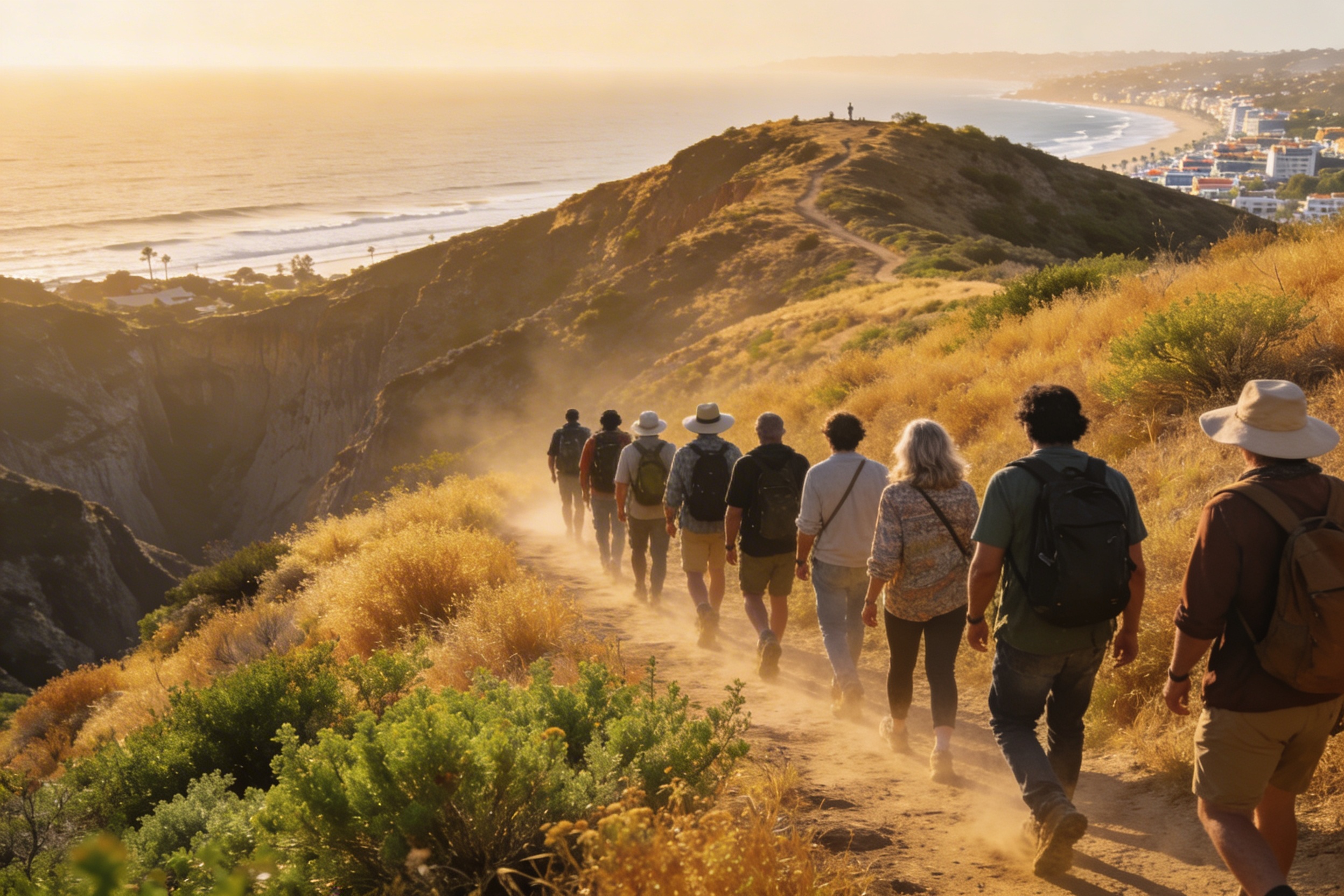 Group hiking Big Bend Trail above Laguna canyon at golden hour