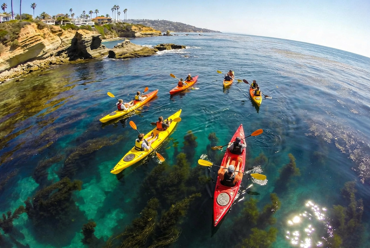 Group in bright kayaks paddling along Laguna Beach cliffs and kelp beds