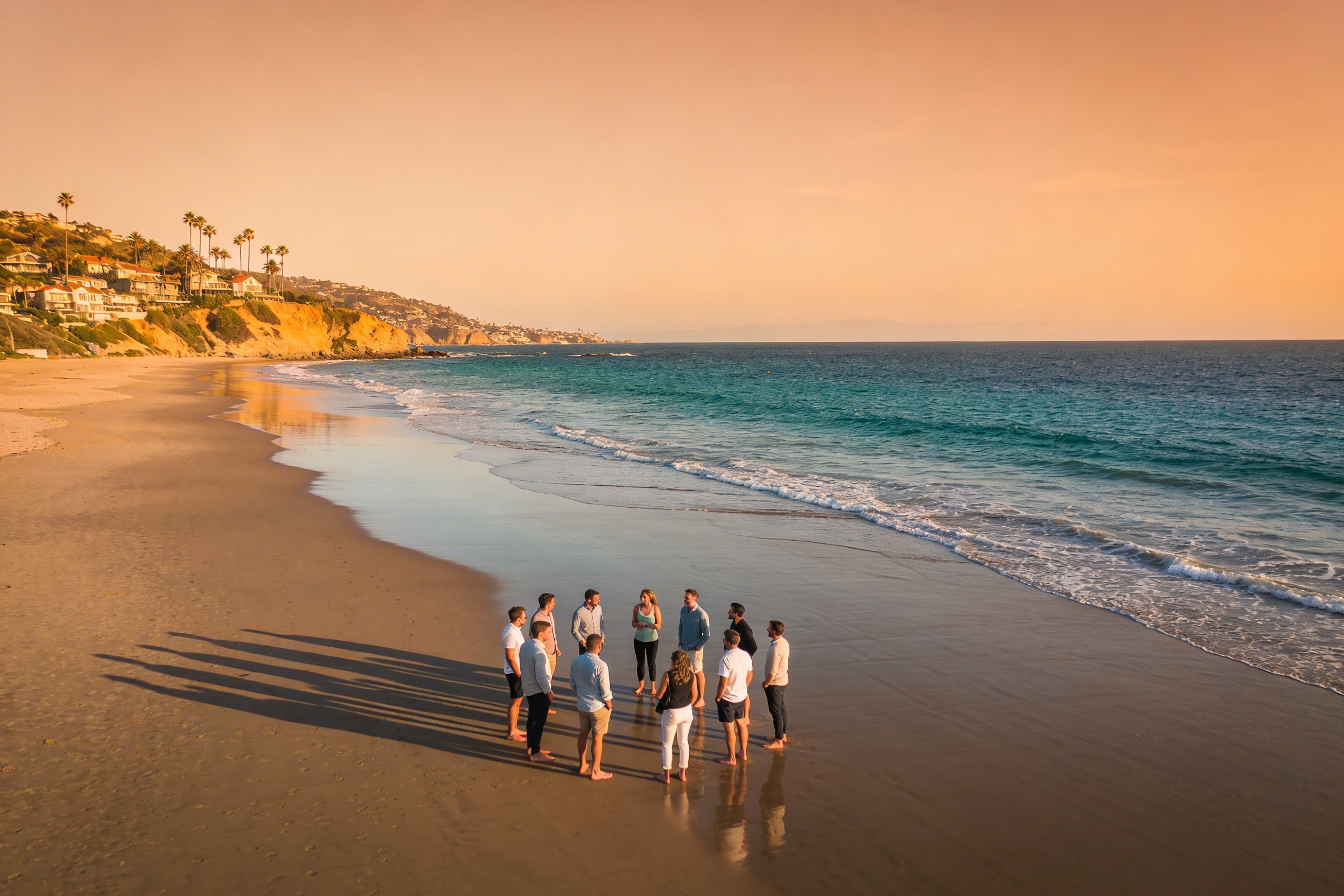 Laguna Beach ocean and cliffs from above with team walking on the sand