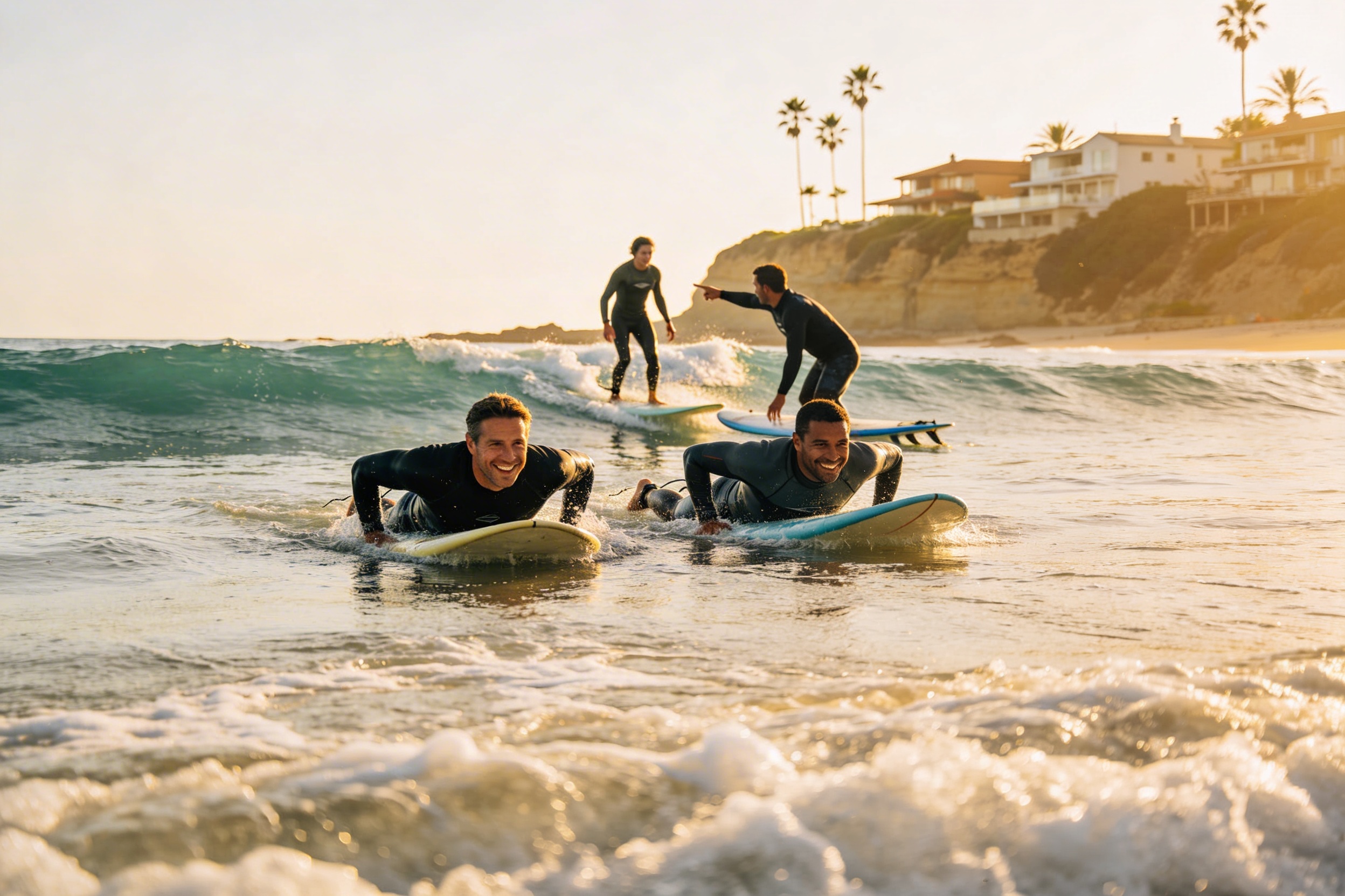 Group surf lesson in Laguna Beach with instructors coaching on the sand